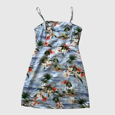 #ad Forever 21 Women’s Blue Spaghetti Strap Mini Dress Size M Tropical Beachy Linen
