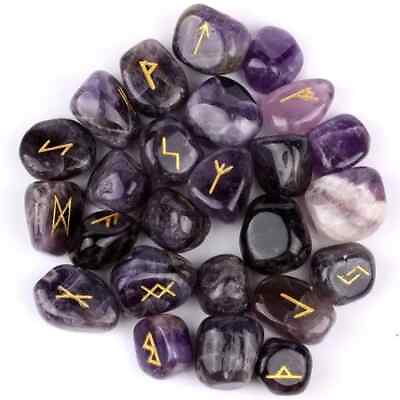 #ad Amethyst Rune Crystal Stones Set Elder futhark Reiki Healing gemstone 25 Pcs