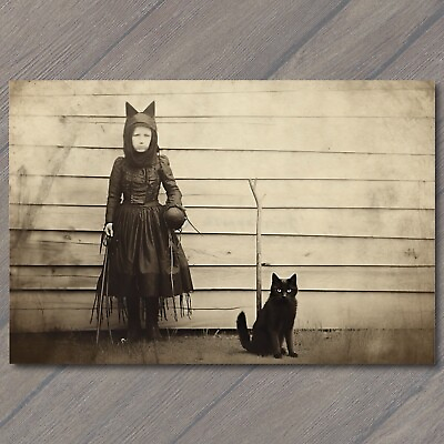 #ad 🐈‍⬛ 👻 POSTCARD: Weird Child Scary Vintage Halloween Cat Cult Unusual Unreal