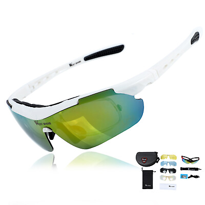 #ad WEST BIKING Polarized Cycling Sunglasses Sports Glasses 5 Lens Goggles White $16.18