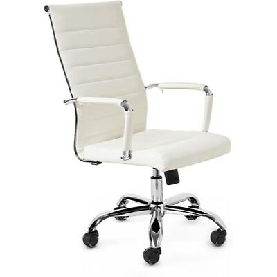 #ad Ergonomic White Ribbed PU Leather High Back Executive Computer Desk Office Task