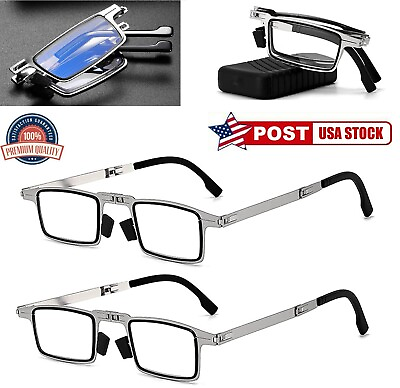 #ad 2 × Foldable Reading Glasses Portable Anti blue Glasses Ultra light w case US