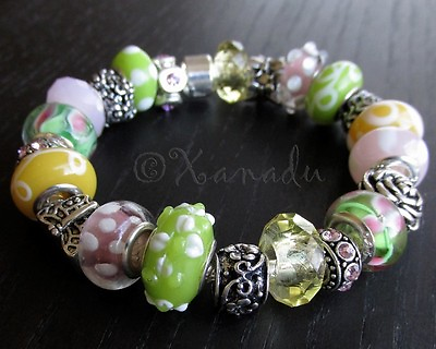 #ad Spring Florals Pink Green Yellow European Charm Bracelet With Butterfly Flowers