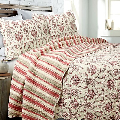 #ad French Medallion Burgundy Red 100% Cotton Quilt Set Bedspread Coverlet