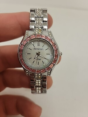 #ad Armitron Now Womans Wrist Watch Pink And Silver Tone Rhinestones Untestested