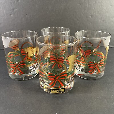 #ad Culver YULE HORN Christmas Lowball Set of 4 Old Fashioned Glasses Sticker 22k