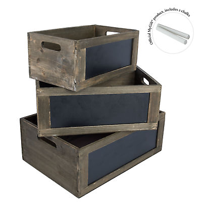 #ad Rustic Brown Wood Nesting Crates w Chalkboard Front Panel amp; Handles Set of 3