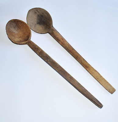 #ad 2 Vintage Wooden Spoon Handmade Antique Primitive Wood Spoon Kitchen Home Decor $38.90