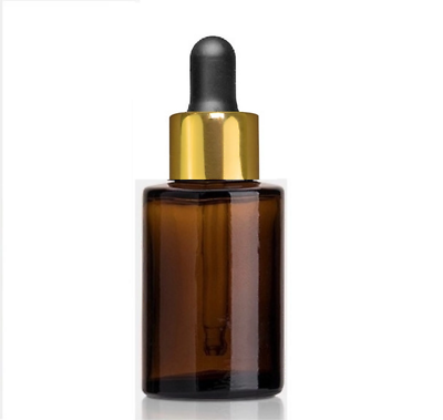 #ad 1 Oz Amber Cylinder Glass Bottle w Black Shiny Gold Glass Dropper Set of 120