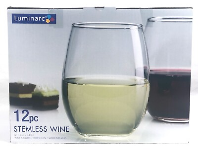 #ad Luminarc Clear Stemless Wine Glasses Set of 12 15 Oz Glasses Made in USA NIB
