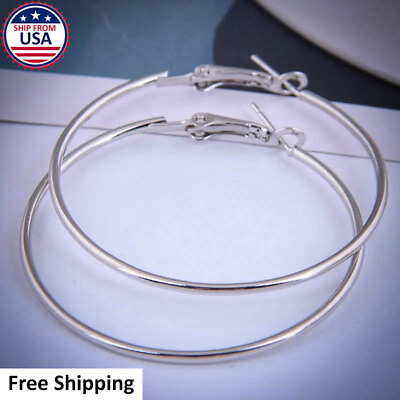 #ad Women Fashion 925 Sterling Silver Plated Hoop Thin Earrings Large 2 Inch Round