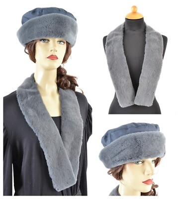 #ad US4887 REAL SHEARED MINK FUR COLLAR AND HAT SET BLUE GRAY RANCH MINK STOLE CAP