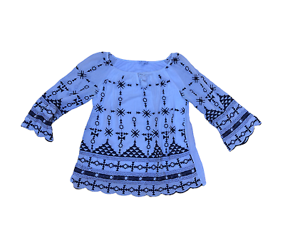 #ad TEMPO PARIS Embroidered Aztec Blouse Top Shirt Women#x27;s MEDIUM White Blue