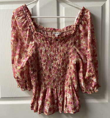 #ad Nannette Laporte Smoked Off the Shoulder Top Womens Size M Pink Floral Boho NWT