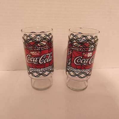 #ad Two Vintage Enjoy Coca Cola Tiffany Style Stained Glass 16 oz Drinking Glasses