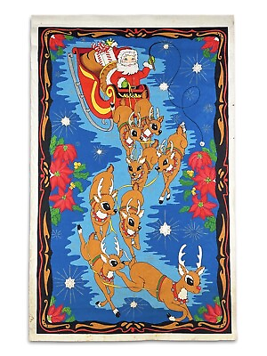 #ad Vintage 1950#x27;s Christmas Kitsch Santa amp; Reindeer Felt Store Window Display 51x32