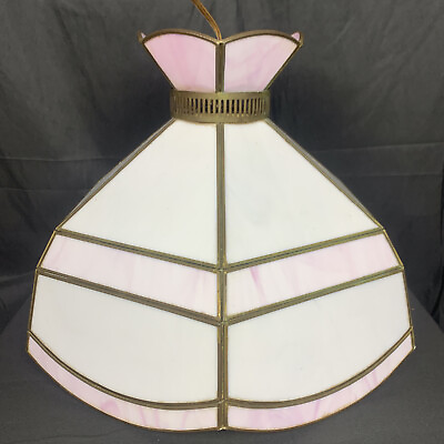#ad ✨Vintage Ceiling Lamp slag glass Pink White Hanging Ceiling 16”D “Z” Stamp✨