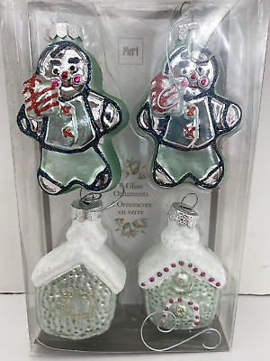 #ad Pier 1 Glass Christmas Ornament Set Gingerbread Men House Blue Silver 3quot;