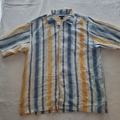 #ad Linen Shirt Mens XL Godbody Collection Striped Short Sleeve Button Up Blue
