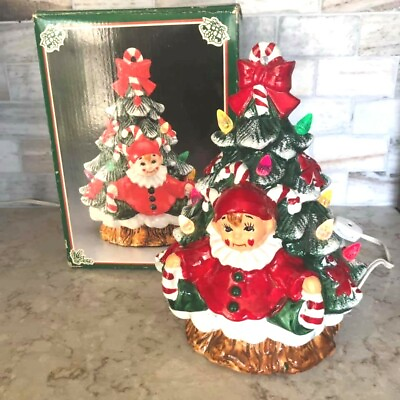#ad Vintage Christmas Fine Ceramic Jester on Tree Nite Lite with Original Box