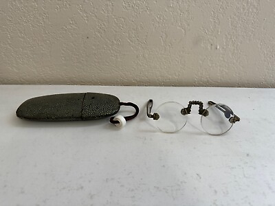 #ad Antique Chinese Spectacles Eyeglasses Qing Dynasty Coin Design Bridge w Case