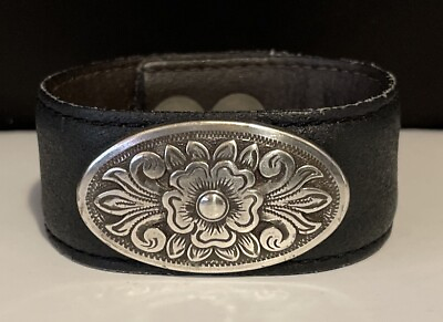 #ad Handmade Black Leather Wrist Cuff Bracelet With Ornate Concho