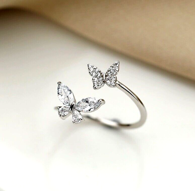 #ad Silver Double Butterfly Bow Pave Cubic Zirconia Promise Adjustable Band Ring