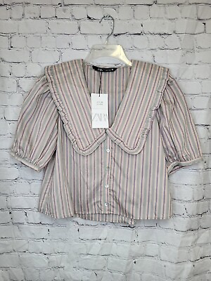#ad ZARA NEW BUTTON DOWN BLOUSE TOP PUFF SLEEVES DUSTY PINK STRIPPED MEDIUM