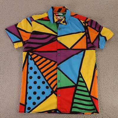 #ad Oh Snap Shirt Mens S Blue Red Yellow Color Block Geometric Drill Button Up