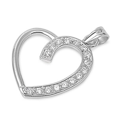 #ad Classic Studded Heart Love Clear Simulated CZ Pendant .925 Sterling Silver Charm