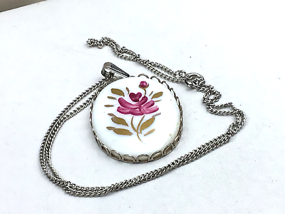 #ad Fashion Necklace Milk Glass Painted Flower Silver Tone Pendant NO OFFERS