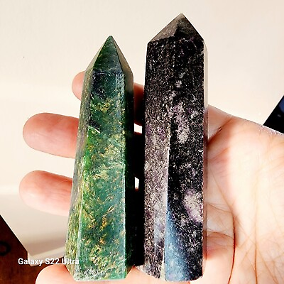 #ad Lot of 2 Crystal Emerald Quartz And Black Sugilite Colomn Pillars