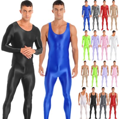 #ad Mens Glossy Stretchy Bodysuit Unitard Solid Color Jumpsuits Bodystocking