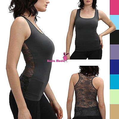 #ad Hot Racer Back Tank Top w Back Rose Floral Lace Cami Shirt Slimming Mesh T Shirt