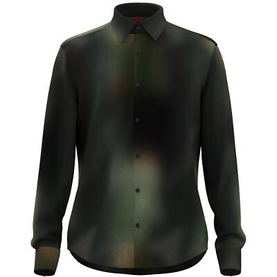 #ad Hugo Mens Green Printed Cotton Button Down Shirt S BHFO 8445