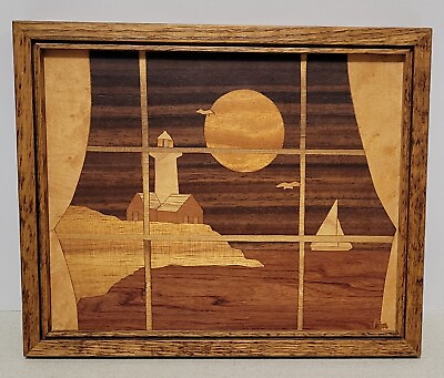 #ad Vintage Pacific Marquetry wood inlay Lighthouse Window Scene Signed