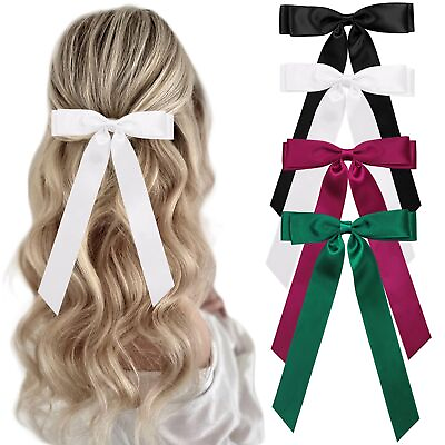 #ad FEINIGESI 4 PCS Hair Ribbon Bows for Women Satin Bow Hair Clip With Long Tail...