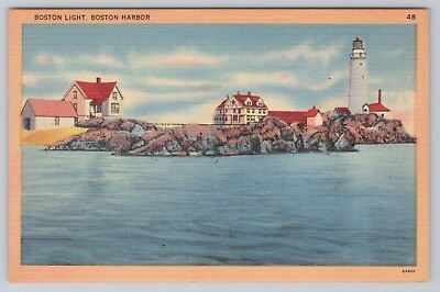 #ad Postcard Boston Light Boston Harbor Massachusetts Water View