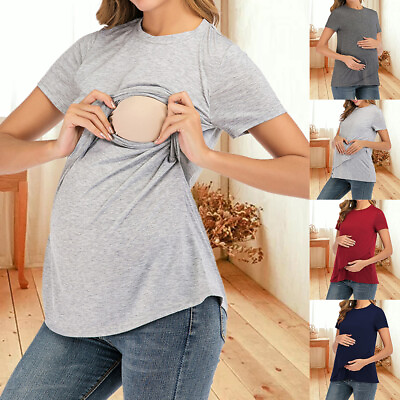 #ad Womens Pregnant Breastfeeding Short Sleeve T Shirt Maternity Nursing Tops Blouse