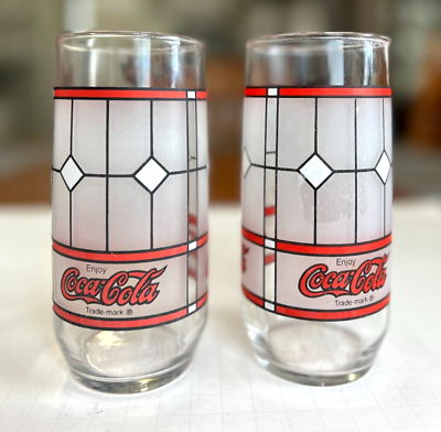 #ad VINTAGE COCA COLA FROSTED STAINED TIFFANY STYLE DRINKING GLASSES