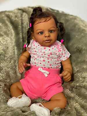 #ad 24quot; Reborn Baby Doll Dark Skin Girl African Lifelike Newborn Toddler Rooted Hair