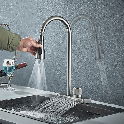 #ad Kitchen Sink Faucet Rainamp;Waterfall Pull Down Sprayer Swivel Mixer Tap Deck Mount