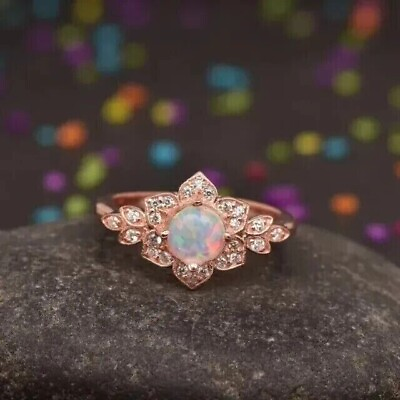 #ad Round Cut Simulated Fire Opal Gorgeous Halo Ring Engagement 14K Rose Gold Plated