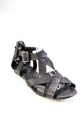 #ad Jill Stuart Womens Black Leather Criss Cross Ankle Strap Sandals Shoes Size 6