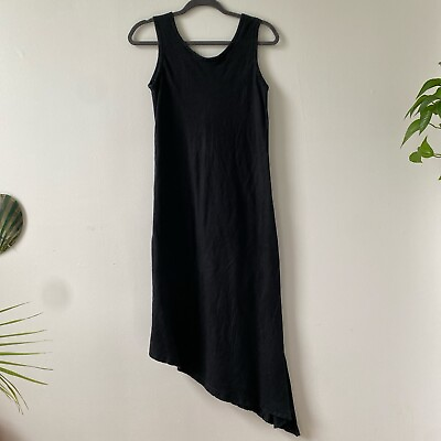 #ad Vintage Handmade Black Linen Summer Dress with Asymmetrical Hem