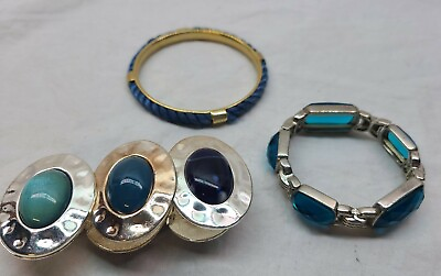 #ad Vintage costume jewelry bracelet 3 loy gold silver tones w blue green stones