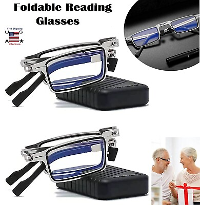 #ad 2 × Foldable Reading Glasses Portable Anti blue Glasses Ultra light Travel USA