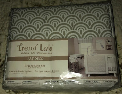#ad Trend Lab Art Deco 3 Pc Crib Set Bedding Gray White nursery Quilt Skirt Sheet
