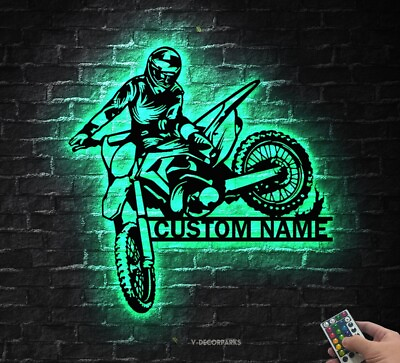 #ad Personalized Motocross Biker Metal Wall Art LED Lights Custom Bike Name Sign