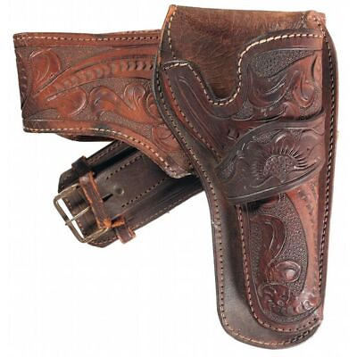 #ad Gun Holster With Belt Leather Revolver Tooled 22 .38 357 .44 45 Cal Western $98.00